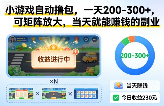 小游戏自动撸包，一天200-300+，可矩阵放大，当天就能賺钱的副业【揭秘】-灼光资源宝库