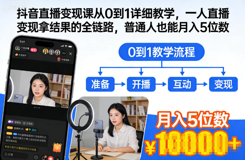 抖音直播变现课从0到1详细教学，一人直播变现拿结果的全链路，普通人也能月入5位数-灼光资源宝库