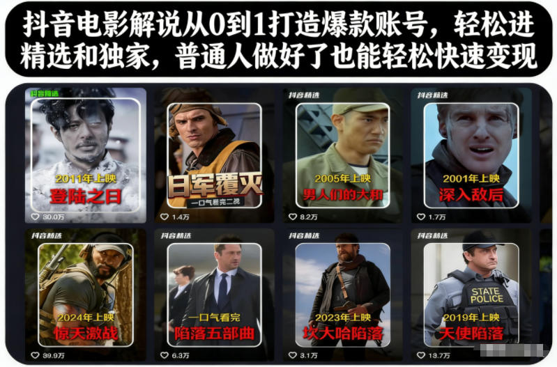 抖音电影解说从0到1打造爆款账号，轻松进精选和独家，普通人做好了也能轻松快速变现-灼光资源宝库