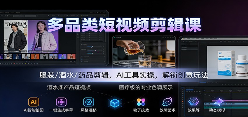 多品类短视频剪辑课：服装/酒水/药品剪辑，AI工具实操，解锁创意玩法-灼光资源宝库