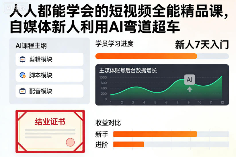 人人都能学会的短视频全能精品课，自媒体新人利用AI弯道超车-灼光资源宝库