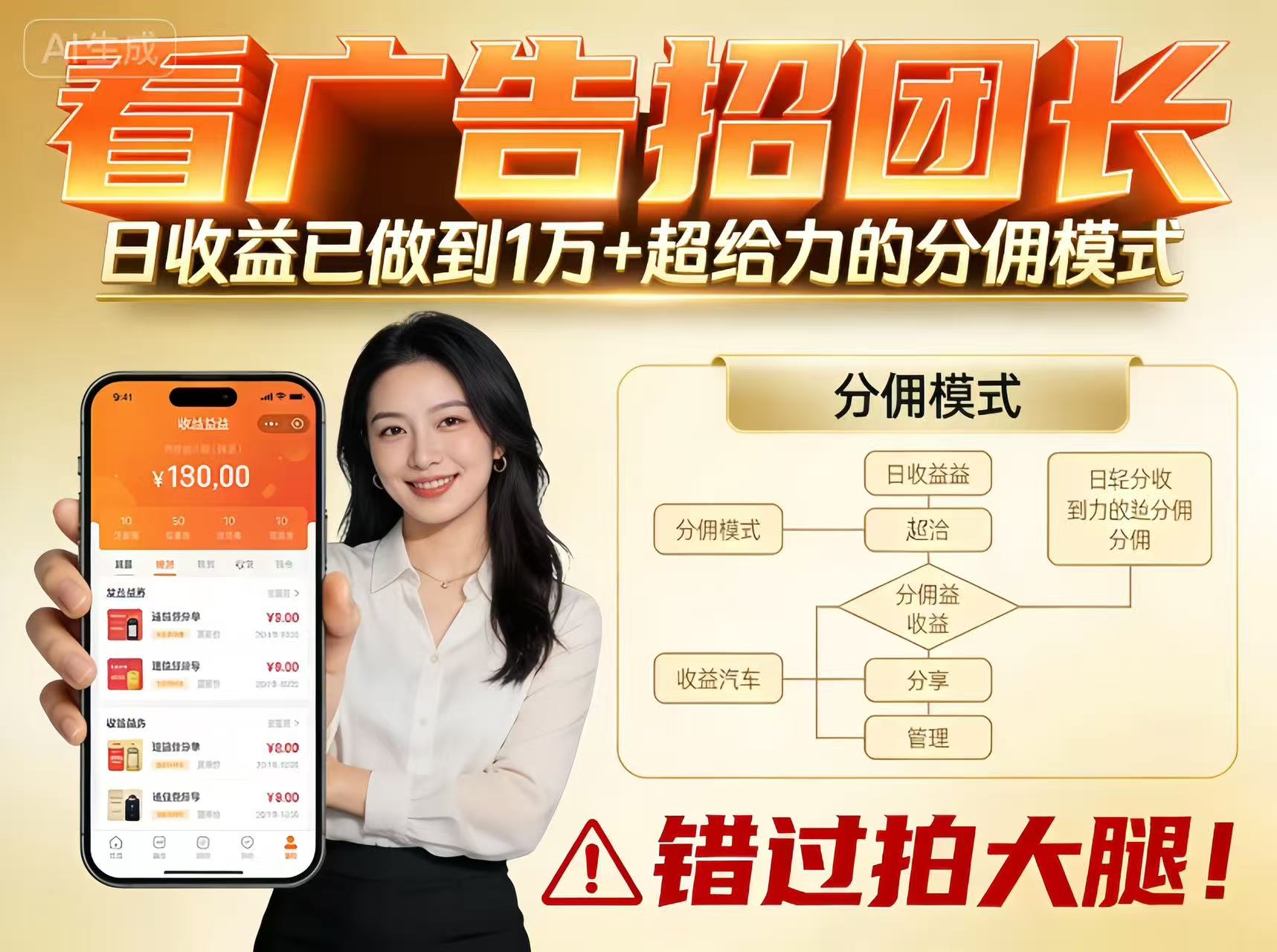 看广告招团长，团队收益已做到日入1万，分佣模式超给力，错过拍大腿-灼光资源宝库