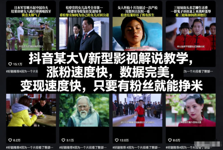 抖音某大V新型影视解说教学，涨粉速度快，数据完美，变现速度快，只要有粉丝就能挣米-灼光资源宝库