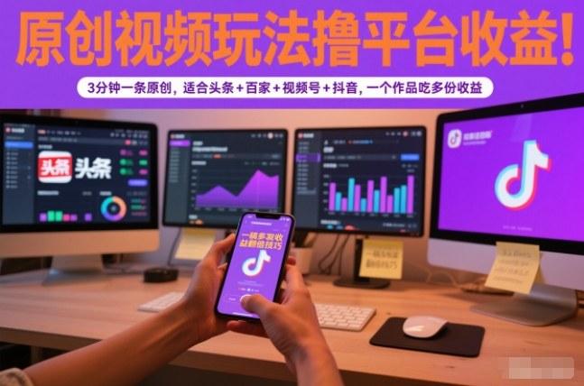 原创视频玩法撸平台收益，3分钟一条原创，适合头条+百家+视频号+抖音，一个作品吃多份收益-灼光资源宝库