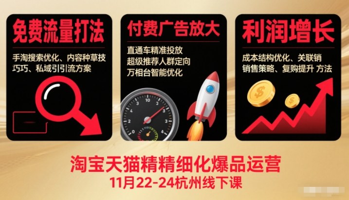 淘宝天猫精细化爆品运营11月22-24杭州线下课，免费流量打法+付费广告放大+利润增长(音频+文档)-灼光资源宝库