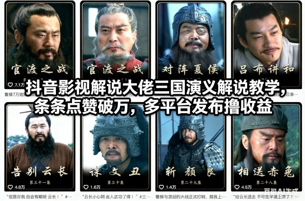 抖音影视解说大佬三国演义解说教学，条条点赞破万，多平台发布撸收益-蘑菇资源宝库
