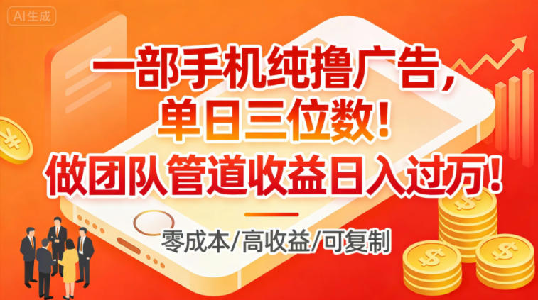 一部手机纯撸广告，单日三位数，做团队管道收益日入过1W-灼光资源宝库