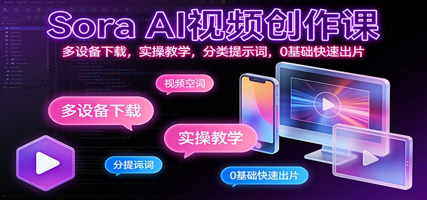 Sora AI视频创作课：多设备下载，实操教学，分类提示词，0基础快速出片-灼光资源宝库