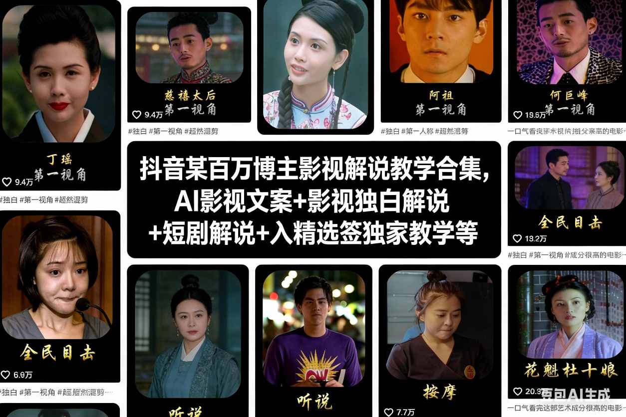 抖音某百万博主影视解说教学合集，AI影视文案+影视独白解说+短剧解说+入精选签独家教学等-灼光资源宝库