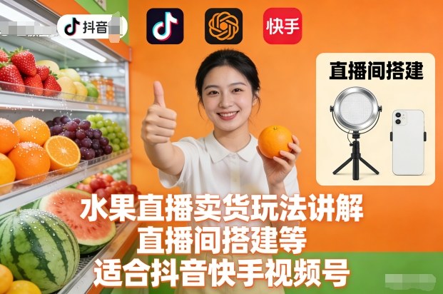 水果直播卖货玩法讲解、直播间搭建等,适合抖音快手视频号-蘑菇资源宝库