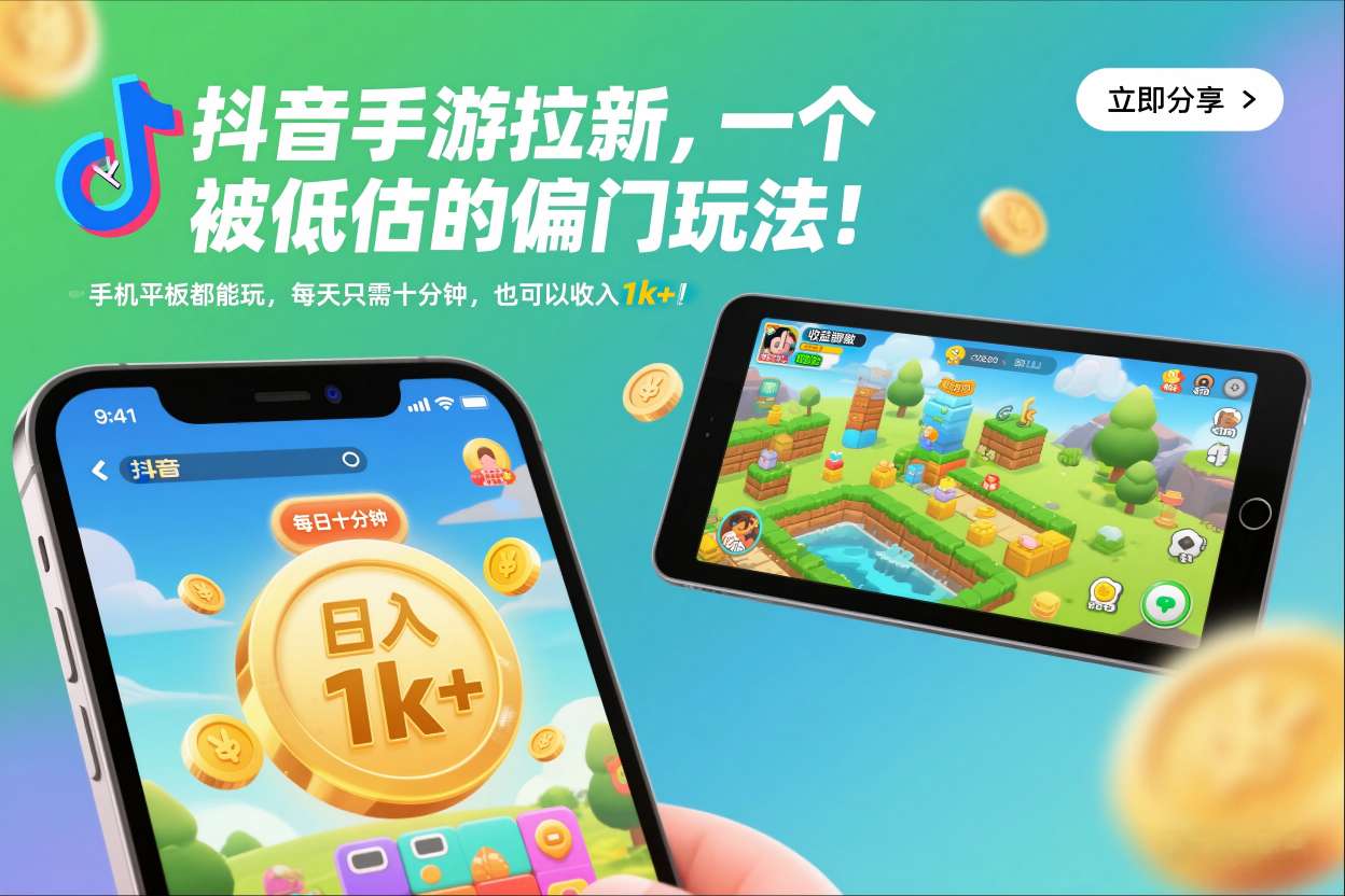 抖音手游拉新，一个被低估的偏门玩法！手机平板都能玩，每天只需十分钟，也可以收入1k+【揭秘】-灼光资源宝库