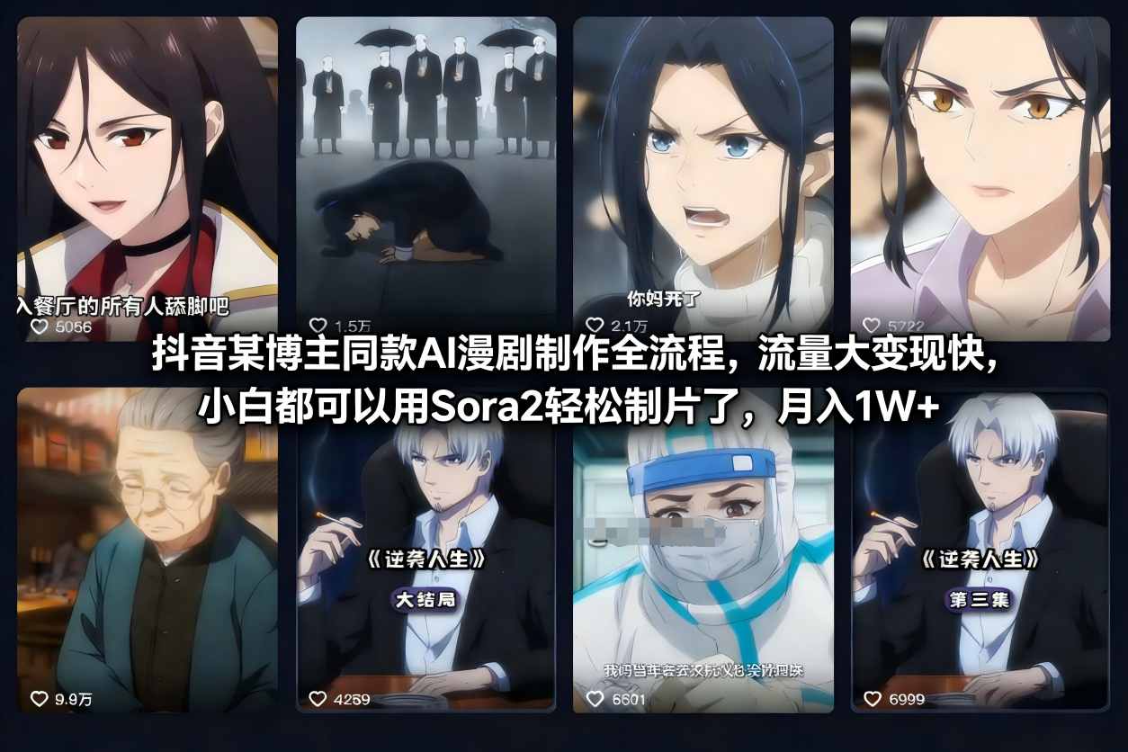 抖音某博主同款AI漫剧制作全流程，流量大变现快，小白都可以用Sora2轻松制片了，月入1W+-灼光资源宝库
