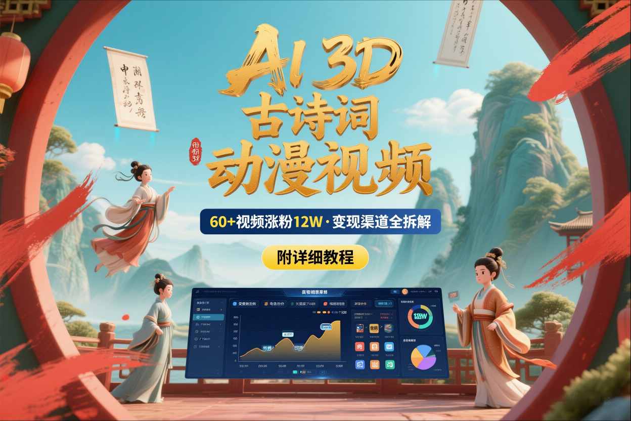 AI制作3D古诗词动漫视频，60多个视频涨粉12W，多个变现渠道拆解【附详细教程】-灼光资源宝库