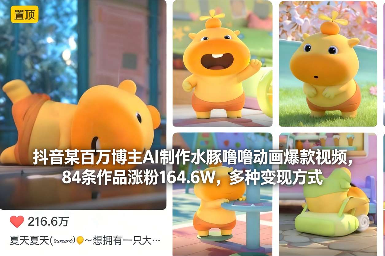 抖音某百万博主AI制作水豚噜噜动画爆款视频，84条作品涨粉164.6W，多种变现方式-灼光资源宝库
