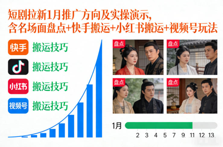 短剧拉新1月推广方向及实操演示，含名场面盘点+快手搬运+小红书搬运+视频号玩法-灼光资源宝库