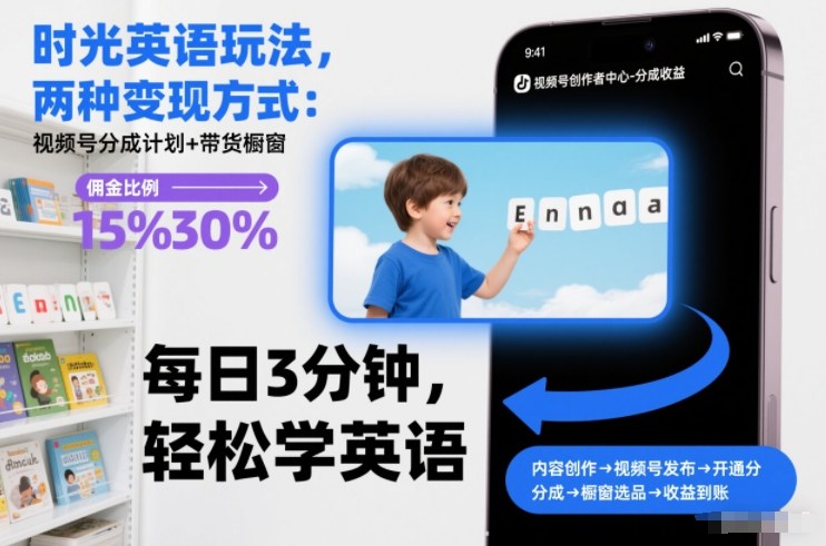 时光英语玩法，两种变现方式：视频号分成计划+带货橱窗-灼光资源宝库
