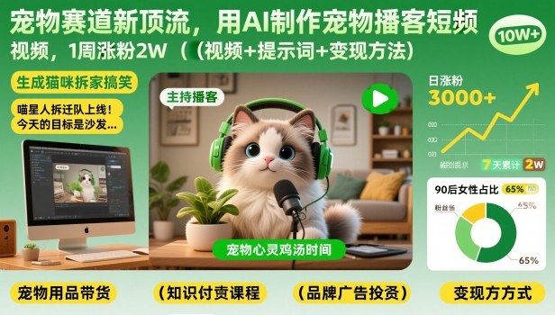 宠物赛道新顶流，用AI制作宠物播客短视频，1周涨粉2W(视频+提示词+变现方法)-灼光资源宝库