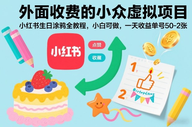 外面收费的小众虚拟项目，小红书生日涂鸦全教程，小白可做，一天收益单号50-2张-灼光资源宝库