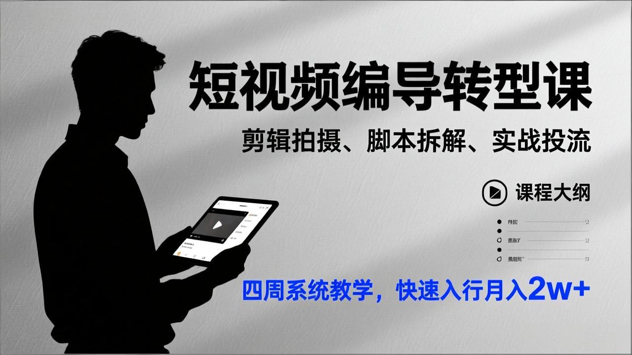 短视频编导转型课，剪辑拍摄、脚本拆解、实战投流，四周系统教学，快速入行月入2w+-灼光资源宝库