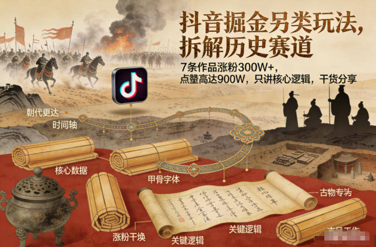 抖音掘金另类玩法，拆解历史赛道，7条作品涨粉300W+，点赞量高达900W，只讲核心逻辑，干货分享-灼光资源宝库