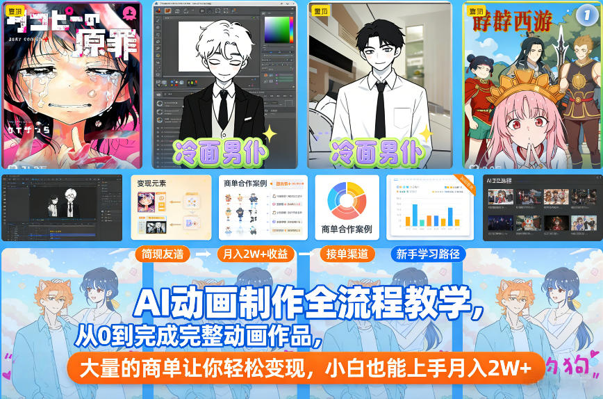 AI动画制作全流程教学，从0到完成完整动画作品，大量的商单让你轻松变现，小白也能上手月入2W+-灼光资源宝库
