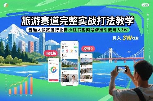 旅游赛道完整实战打法教学，普通人做旅游行业用小红书视频号精准引流月入3W-灼光资源宝库