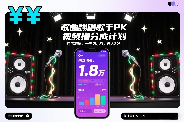 歌曲翻唱歌手PK视频撸分成计划，自带流量，一天两小时，日入2张-灼光资源宝库