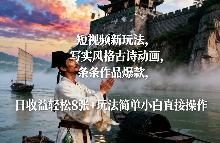 短视频新玩法，写实风格古诗动画，条条作品爆款，日收益轻松8张+玩法简单小白直接操作-灼光资源宝库