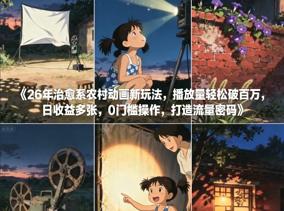 26年治愈系农村动画新玩法，播放量轻松破百万，日收益多张，0门槛操作，打造流量密码-灼光资源宝库