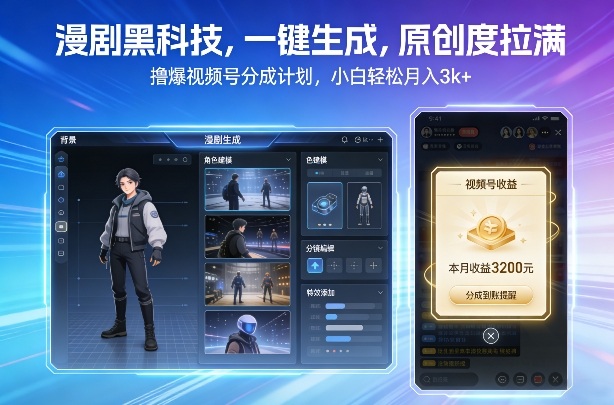 漫剧黑科技，一键生成，原创度拉满，撸爆视频号分成计划，小白轻松月入3k+-灼光资源宝库