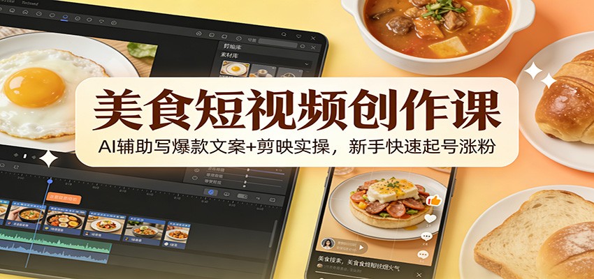 美食短视频创作课：AI辅助写爆款文案+剪映实操，新手快速起号涨粉-灼光资源宝库