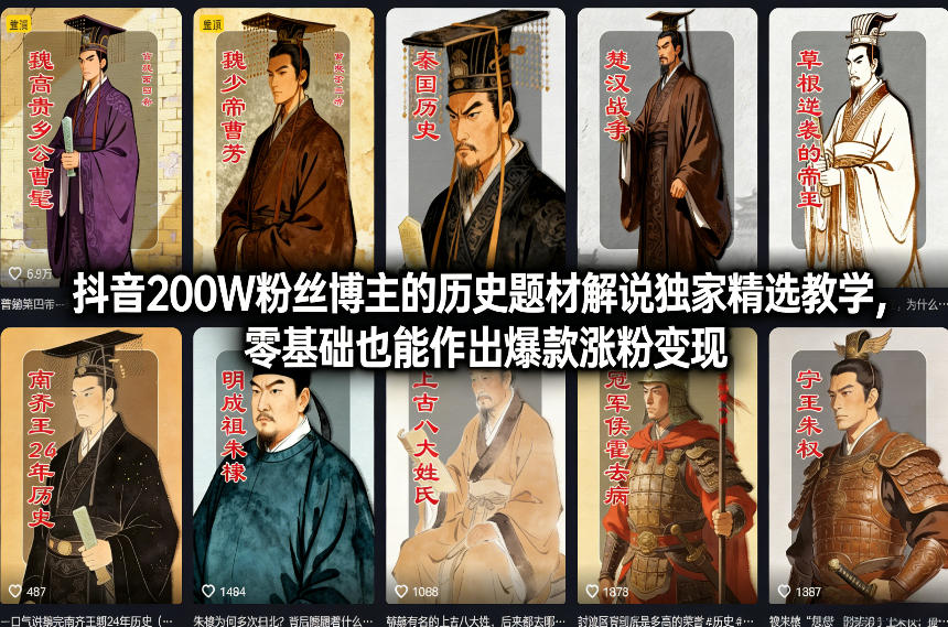 抖音200W粉丝博主的历史题材解说独家精选教学，零基础也能作出爆款涨粉变现-灼光资源宝库