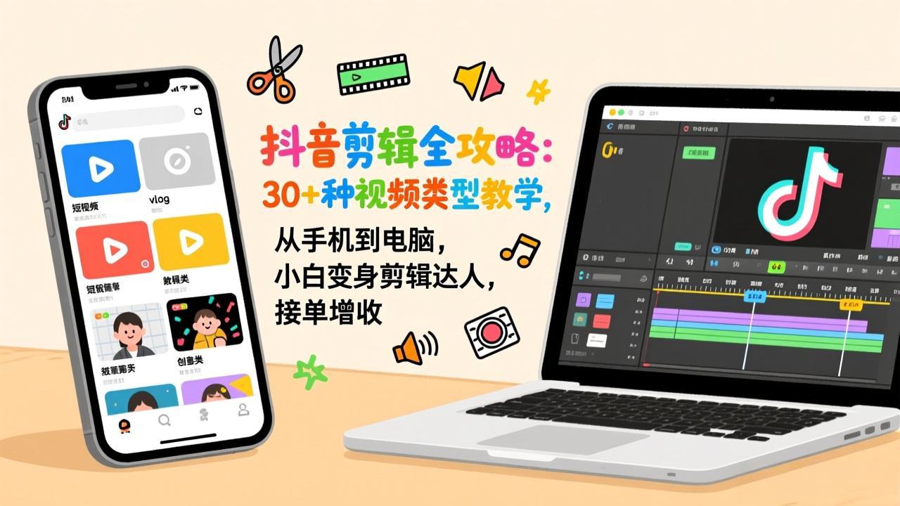 抖音剪辑全攻略：30+种视频类型教学，从手机到电脑，小白变身剪辑达人，接单增收-灼光资源宝库