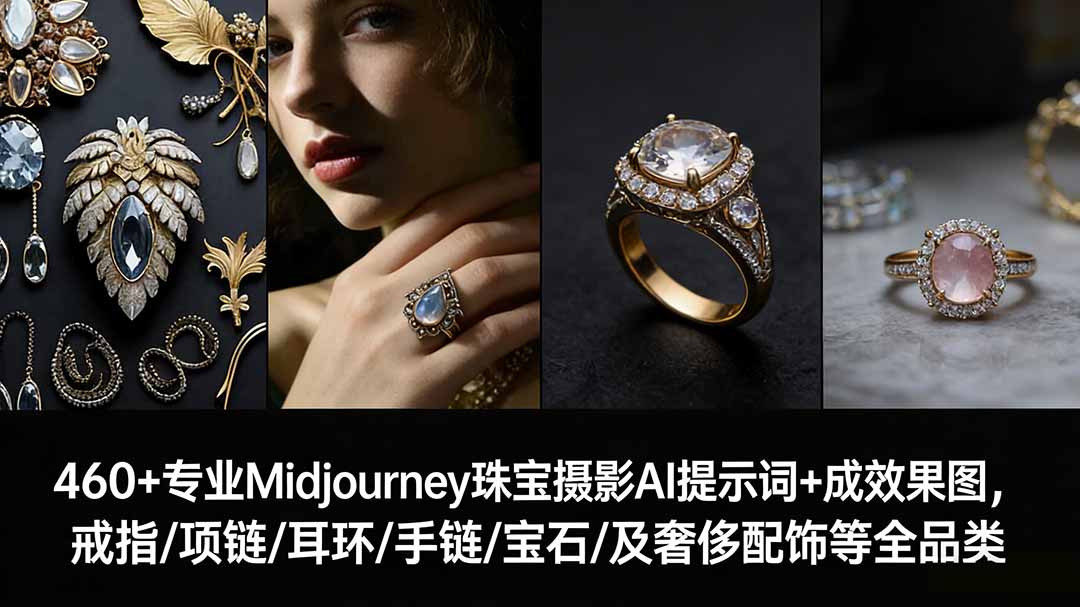 460+专业Midjourney珠宝摄影AI提示词+成效果图，戒指/项链/耳环/手链/宝石/及奢侈配饰等全品类-灼光资源宝库