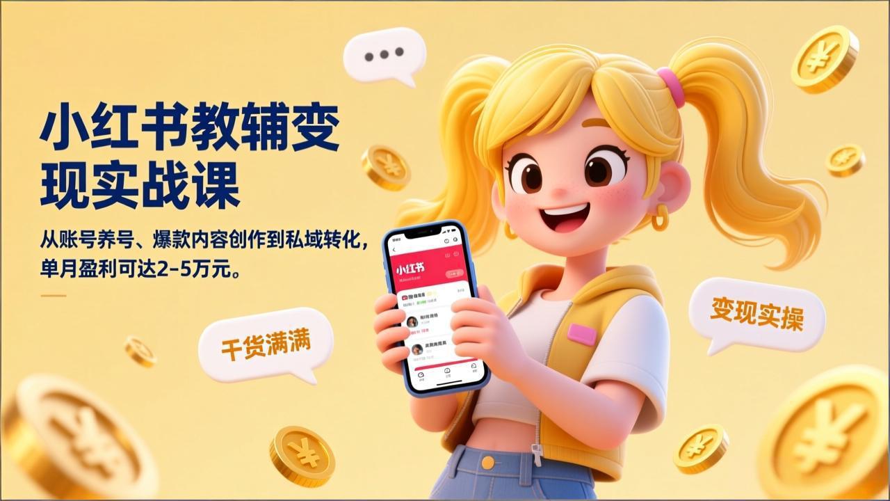 小红书教辅变现实战课，从账号养号、爆款内容创作到私域转化，单月盈利可达2-5万元-灼光资源宝库