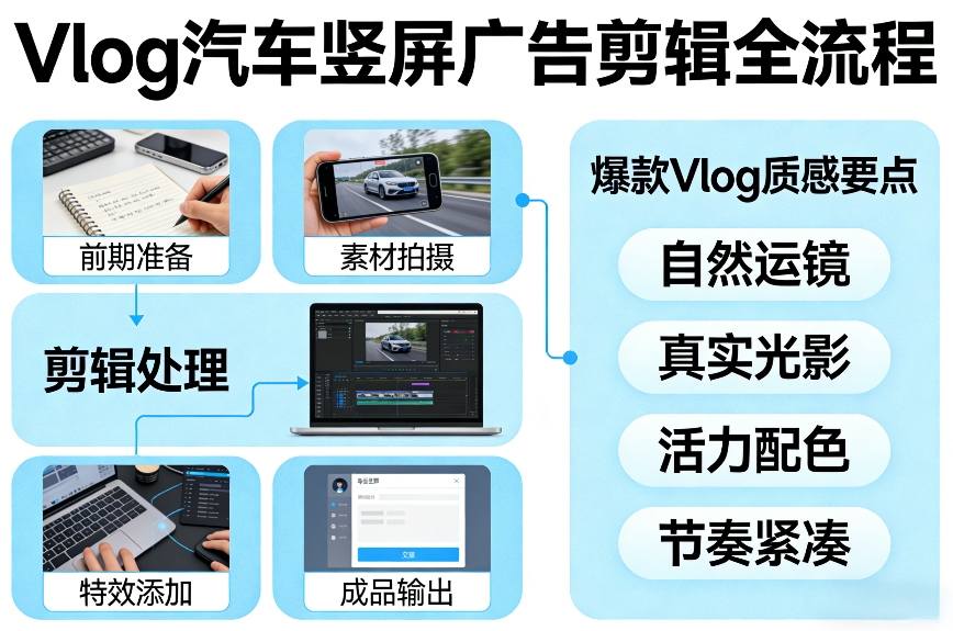 Vlog感觉汽车竖屏广告剪辑脚本全流程，拿捏爆款Vlog质感-灼光资源宝库