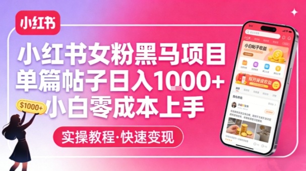 小红书女粉黑马项目，单篇帖子日入1k+，小白零成本上手-灼光资源宝库