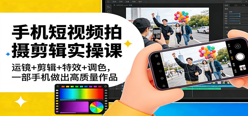 手机短视频拍摄剪辑实操课：运镜+剪辑+特效+调色，一部手机做出高质量作品-灼光资源宝库