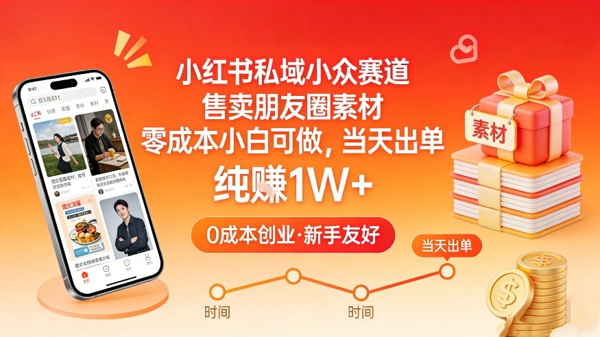 小红书私域小众赛道，售卖朋友圈素材，零成本小白可做，当天出单，月入1W+-灼光资源宝库