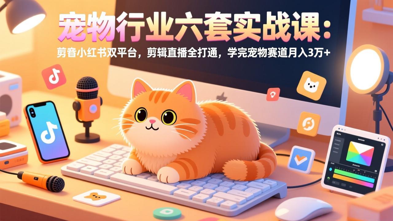 宠物行业六套实战课：抖音小红书双平台，剪辑直播全打通，学完宠物赛道月入3万+-灼光资源宝库
