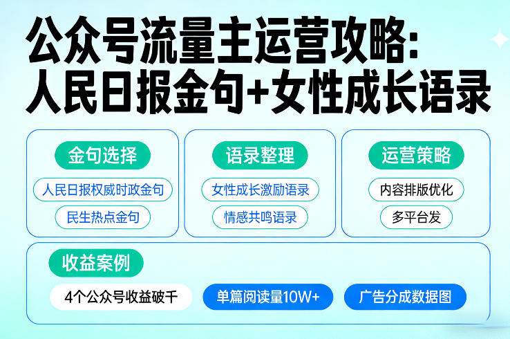 利用人民日报金句+女性成长语录做公众号流量主，4个公众号收益破千-灼光资源宝库