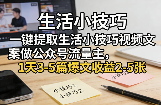 一键提取生活小技巧视频文案做公众号流量主，1天3-5篇爆文收益2-5张-灼光资源宝库