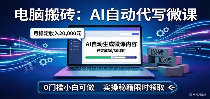 电脑搬砖AI自动代写微课，月稳定2W，0门槛小白可做，实操秘籍-灼光资源宝库