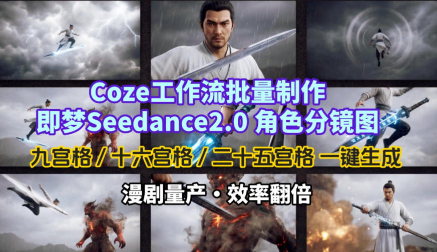 Coze工作流批量制作即梦Seedance2.0角色分镜图，九宫格-十六宫格-二十五宫格一键生成，漫剧量产，效率翻倍-灼光资源宝库