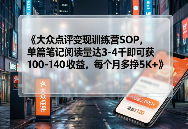 大众点评变现训练营SOP，单篇笔记阅读量达3-4千即可获100-140收益，每个月多挣5K+-灼光资源宝库