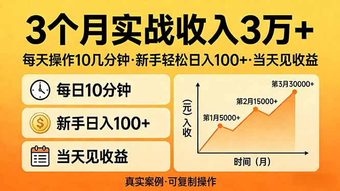 3个月实战收入3万+，每天操作10几分钟，新手轻松日入100+，当天见收益-灼光资源宝库