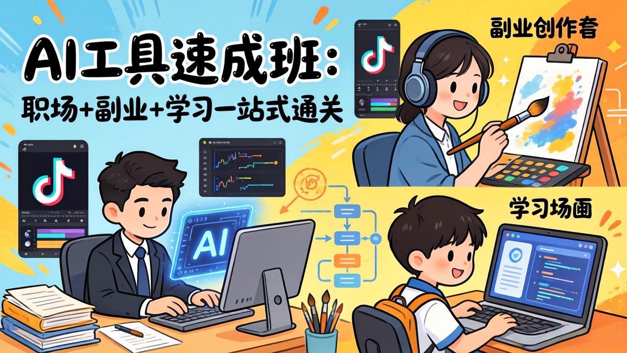 AI工具速成班：职场+副业+学习一站式通关，20+爆款类型+剪映技巧+抖音算法，0基础快速上手-灼光资源宝库
