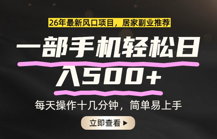 26年居家副业首选，一部手机轻松日入500+，长期稳定可做-灼光资源宝库