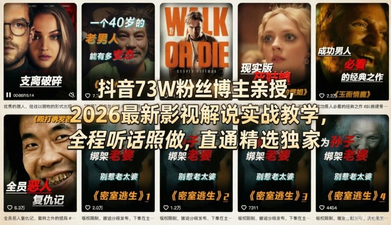 抖音73W粉丝博主亲授，2026最新影视解说实战教学，全程听话照做，直通精选独家-灼光资源宝库