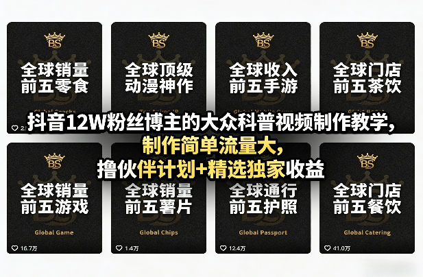 抖音12W粉丝博主的大众科普视频制作教学，制作简单流量大，撸伙伴计划+精选独家收益-灼光资源宝库